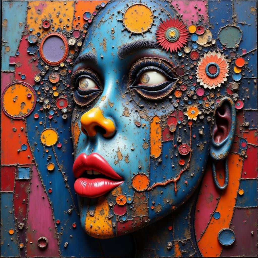 <lora:kak-strangecollage:1.0>Unconventional art, collage, abstract, mixed media, patchwork textures, denim, colors, patterns, kaleidoscope, ...