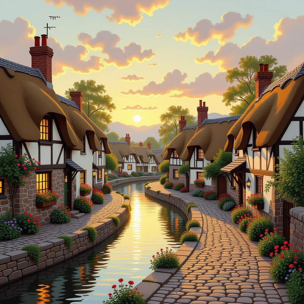 A quaint, cobblestone village nestled beside a gently flowing river, bathed in the warm, golden light of a setting sun. Quaint cottages with...