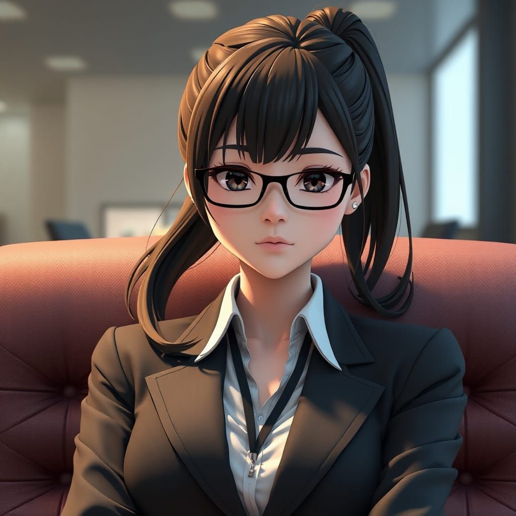 Stern Anime Lady in Office, 3D Render