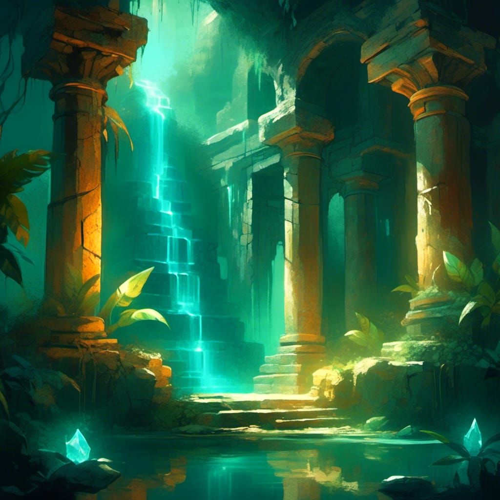  <lora:Thick paint:1.0> A glowing crystal at the center of an ancient temple