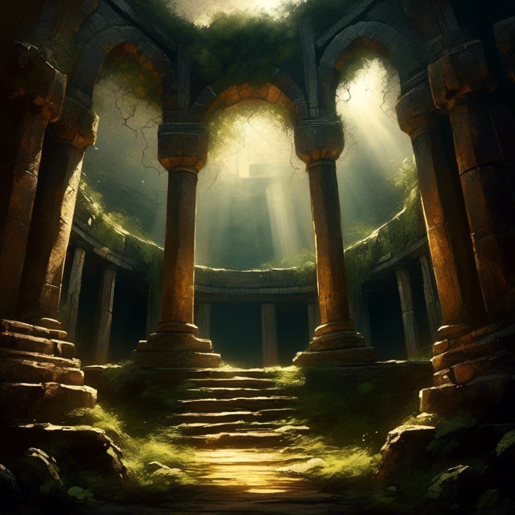  <lora:Thick paint:1.0> A glowing crystal at the center of an ancient temple