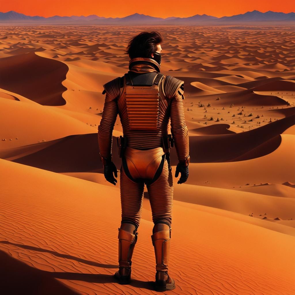 Kyle MacLachlan, Stillsuit, Arrakis desert, orange sunset, sand dunes ...