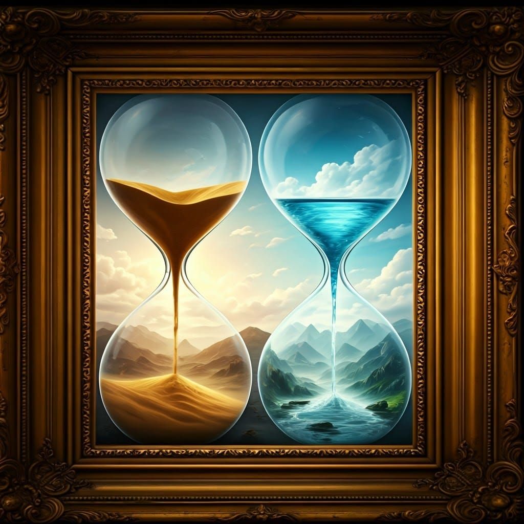 Surreal Hourglass of Sand and Water Landscape