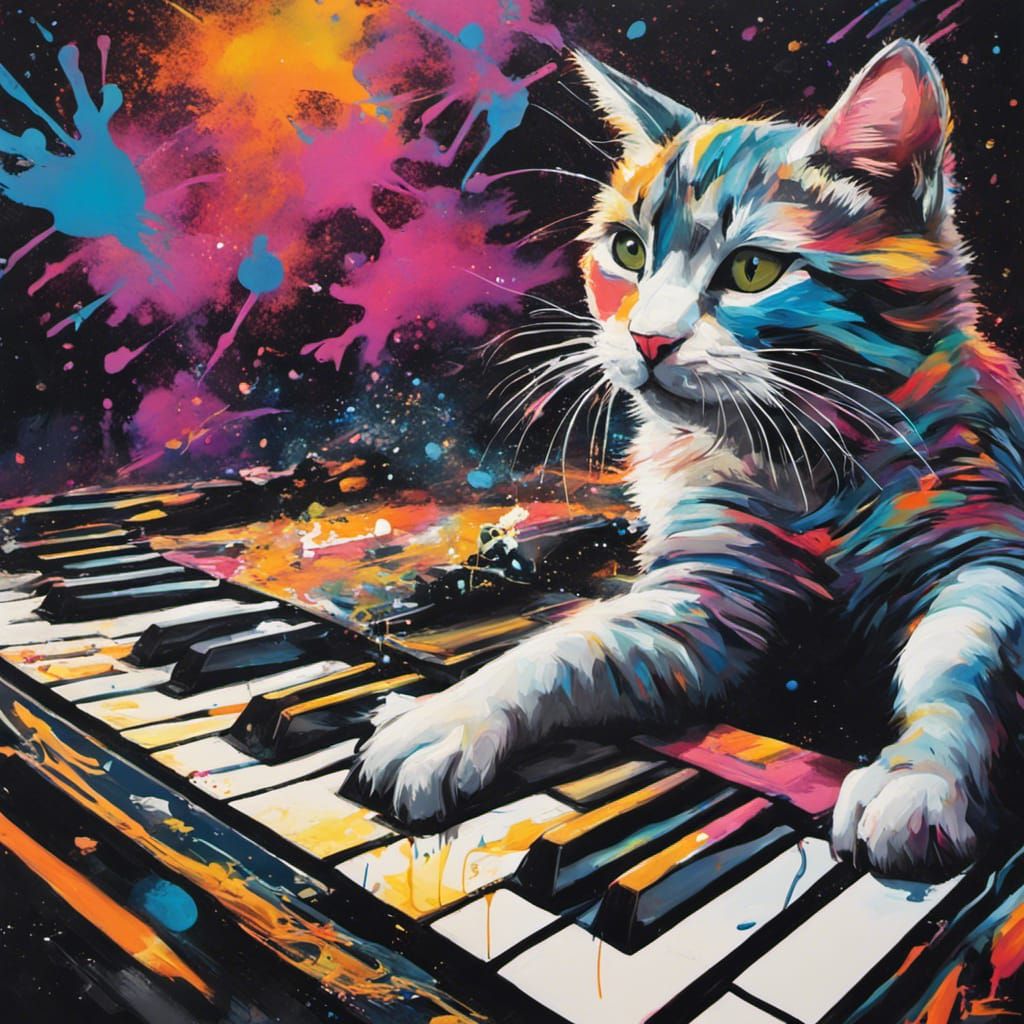 Cats on synthesizer on space Hyperrealistic, splash art, con...