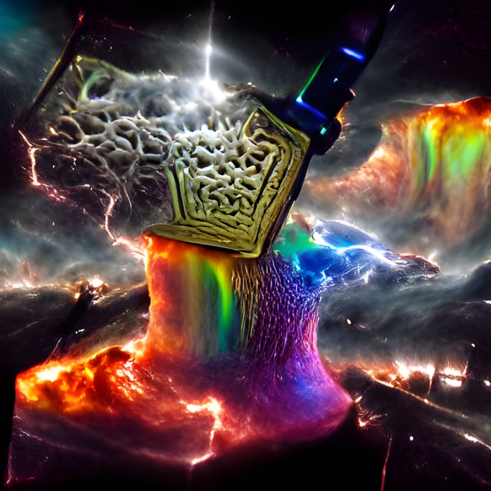 The legendary Mjölnir surrounded by scintillating rainbow fr...
