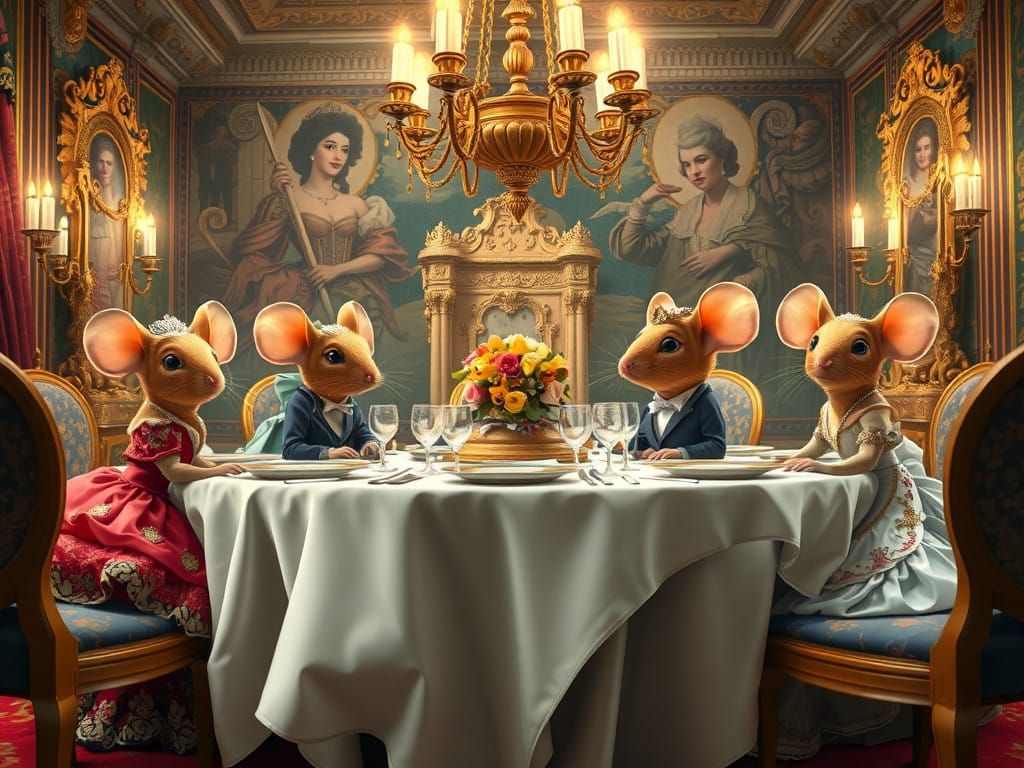 Mice dressed as queens and princesses sit at a dinner table in the royal palace. Digital art