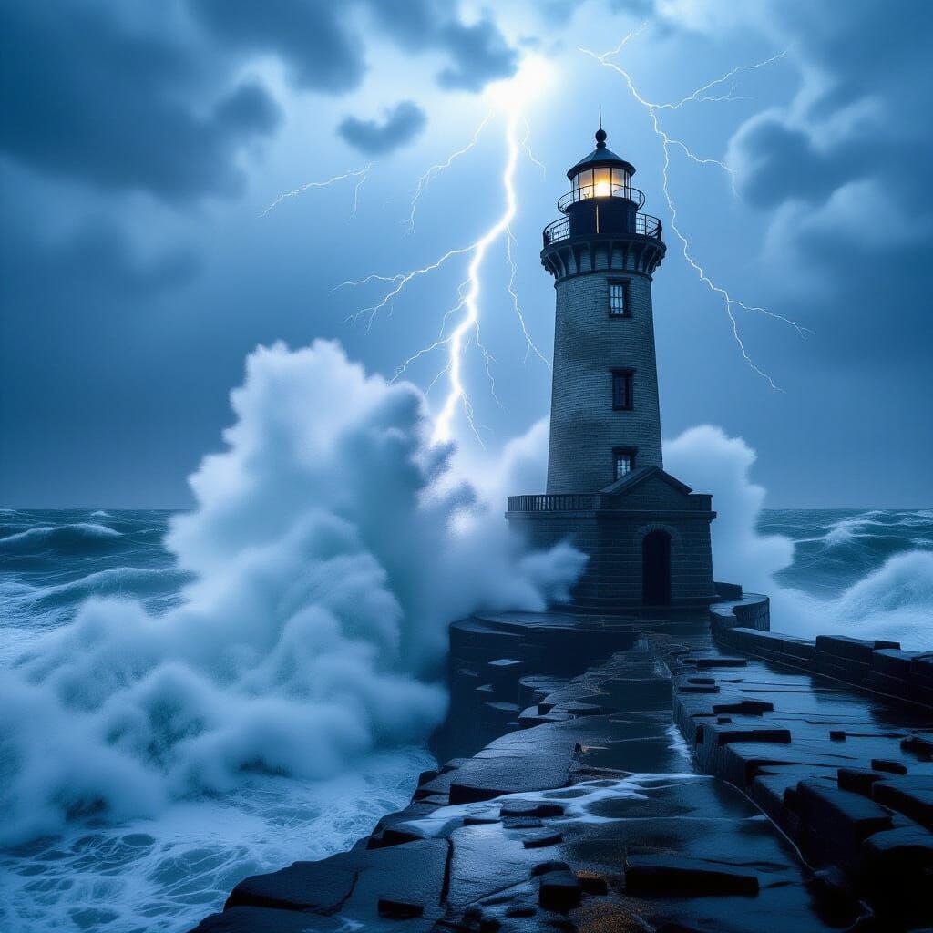 "Ocean waves crashing against a lighthouse during storm, cinematic 8K"
