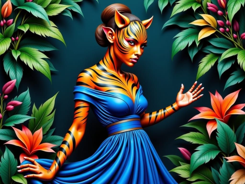 a woman with skin tiger patterns  with  blue outfit
<lora:Zeste-Citron Tiggnom:1.0>