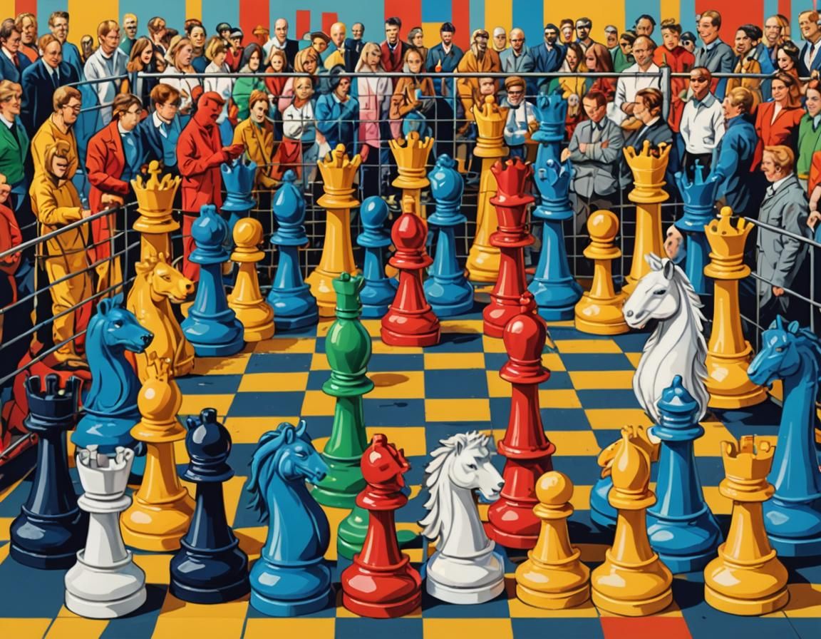 A zoo for chess pieces, menagerie of animal in chess piece form, safe behind wire fencing, human spectators watching in awe, Screen print, p...