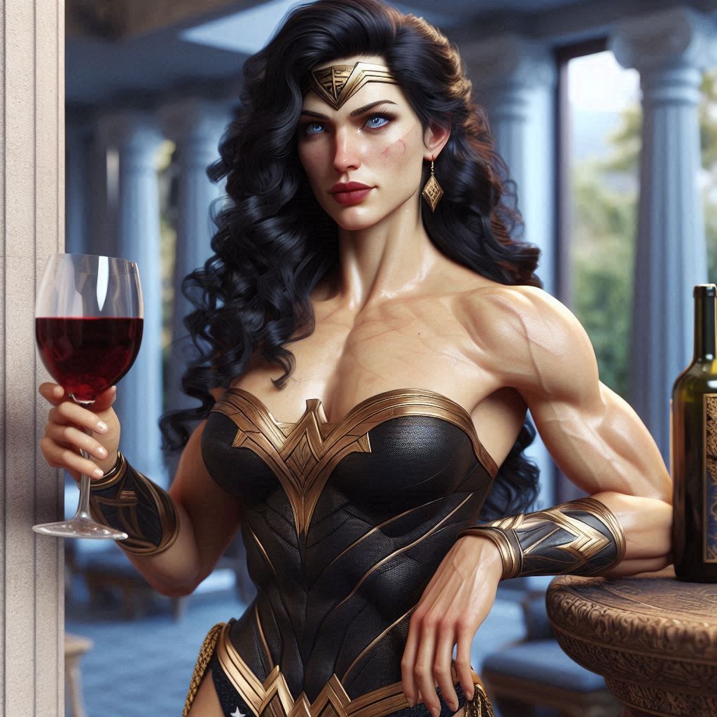 Wonder Woman having red wine at her palace on Themyscira