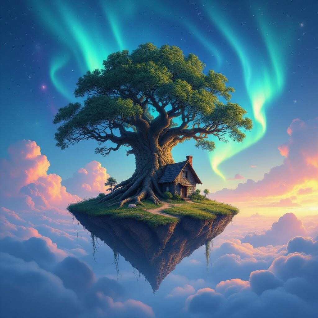 A colossal, ancient tree with roots that trail into the clouds, supporting a small, weathered cottage. The entire structure floats serenely ...