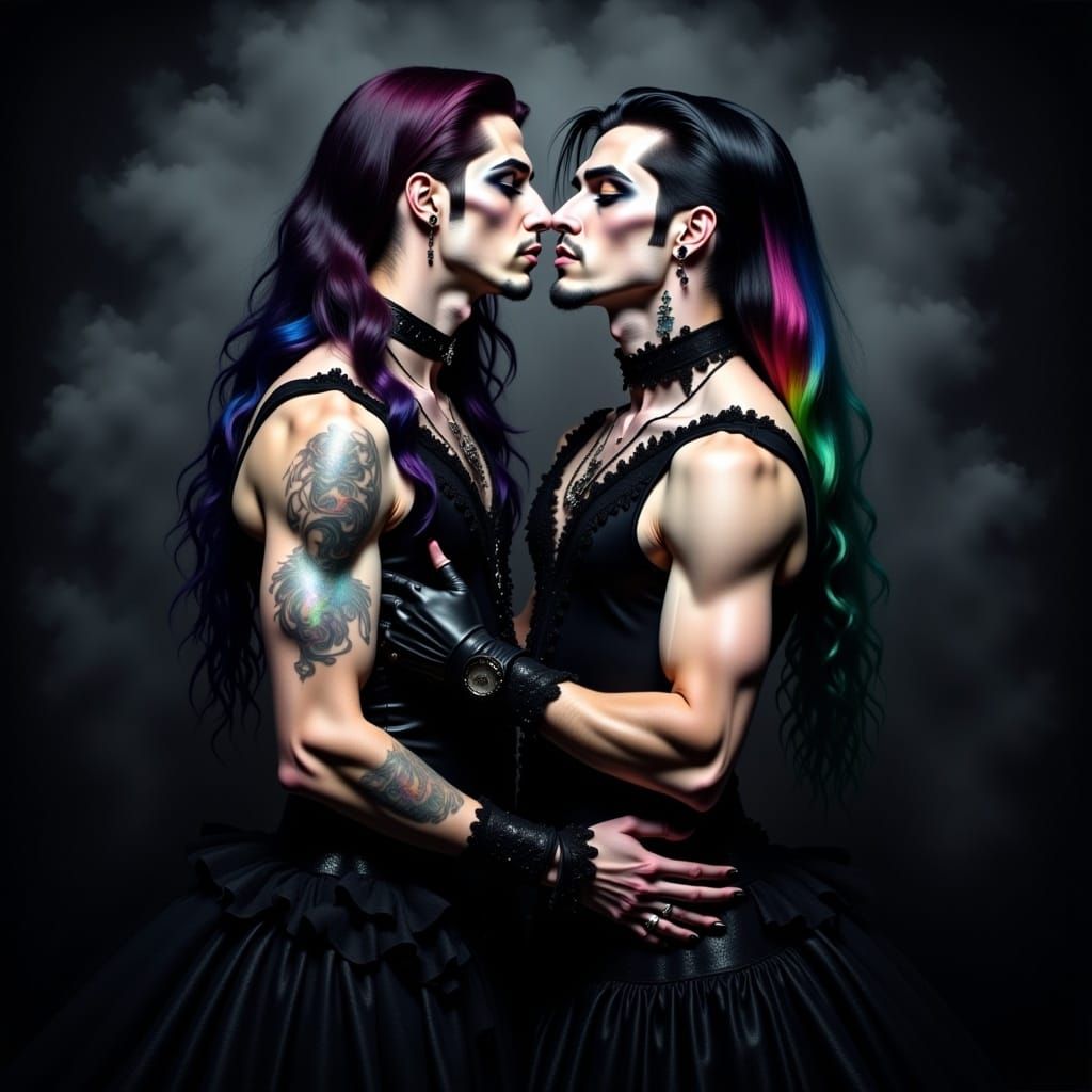 <lora:Princess Intensity:1.0> Gay couple kissing and hugging, black smoky gray background, gothic gay romance, victorian gowns  ruffle and l...