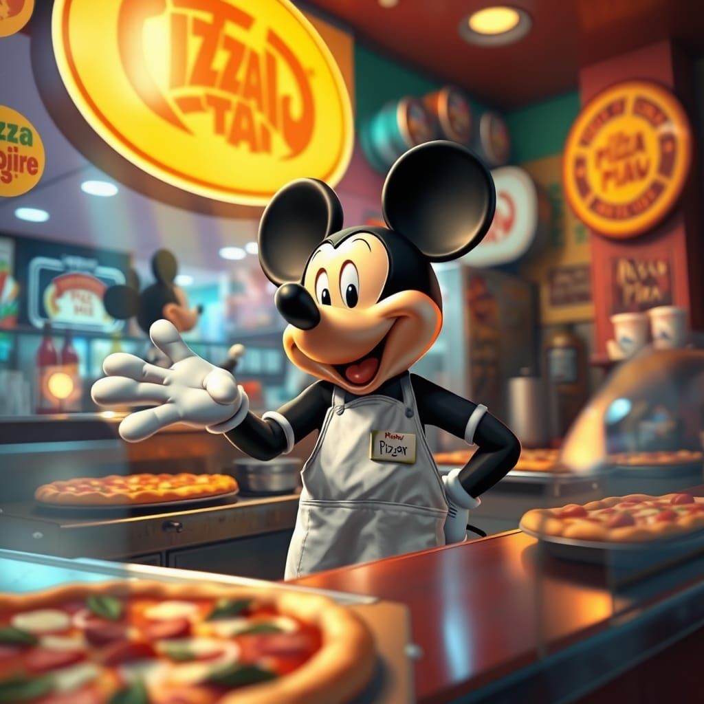 Mickey Mouse Behind the Counter of a Futuristic Pizzeria