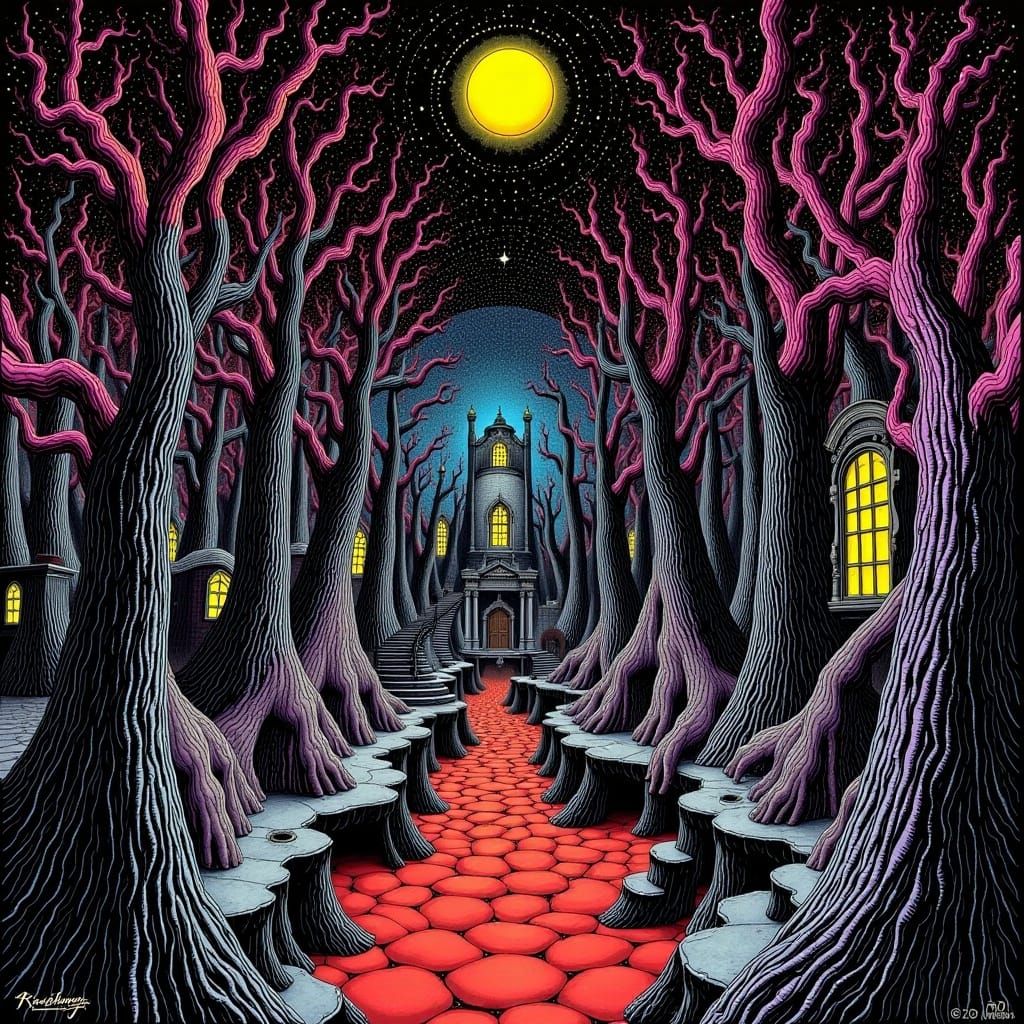 Huge Bright text "Poe Escher" appearing in the center background of a <lora:Poe Escher:1.0> Vibrant colors and Ink, Haunted Forest Artscape...