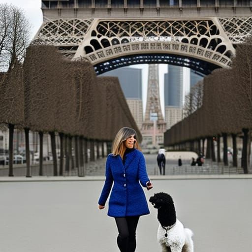 Woman walking a white poodle in front of the Eiffel Tower