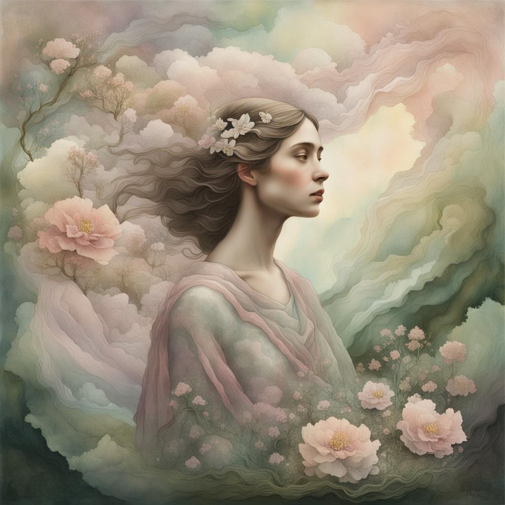 A beautiful woman, double exposure, surreal artwork, printed on cracked paper, artful, aesthetic, muted color scheme, unusual, vintage feel 