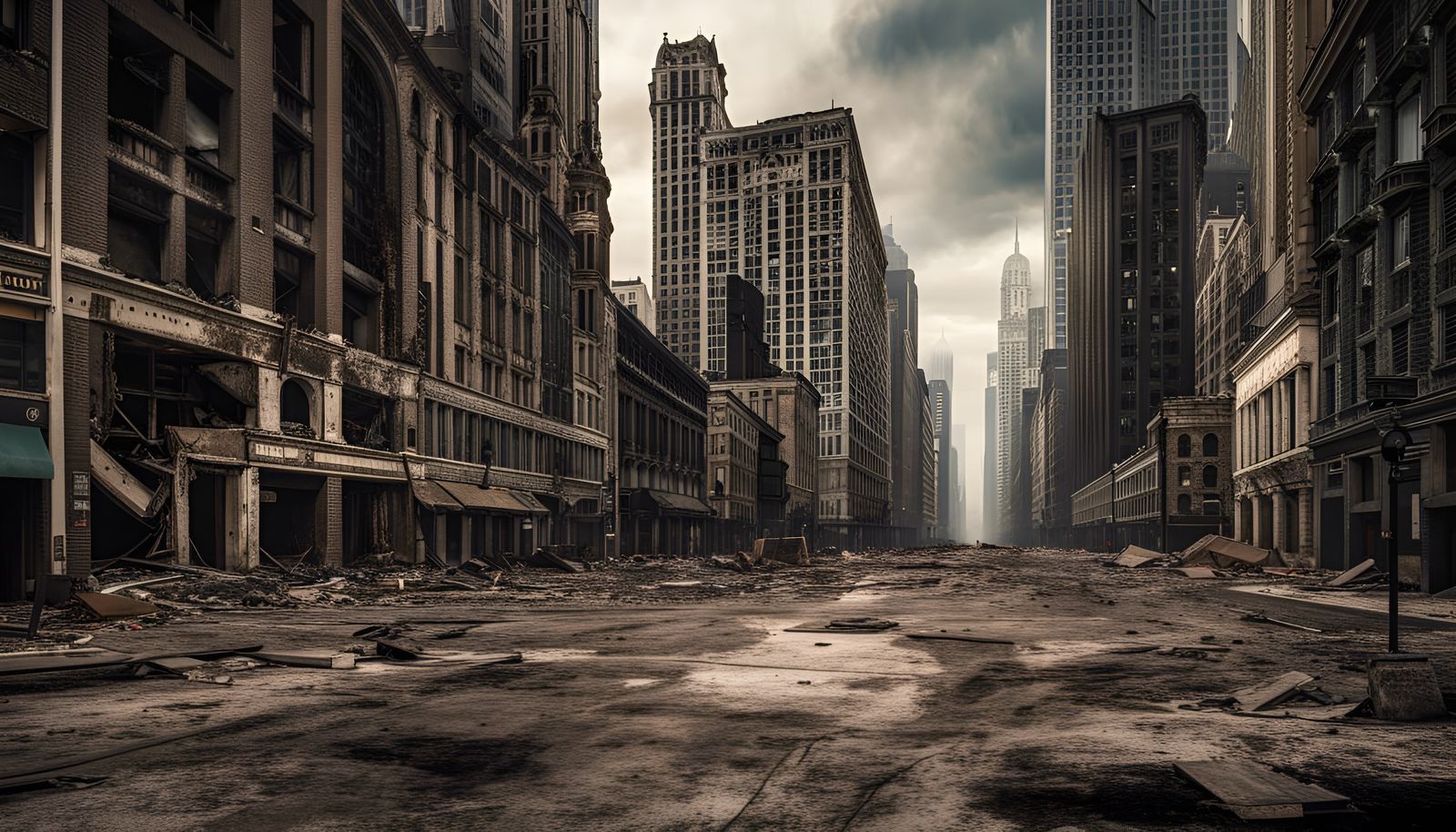 chicago at the end of world, buildings in decay, apocalyptic, streets ...