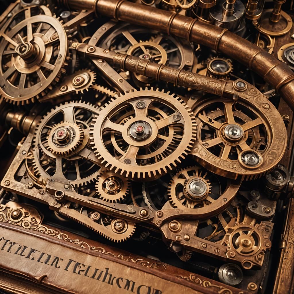 Steampunk Engine: Letters Float from Book in Golden Light