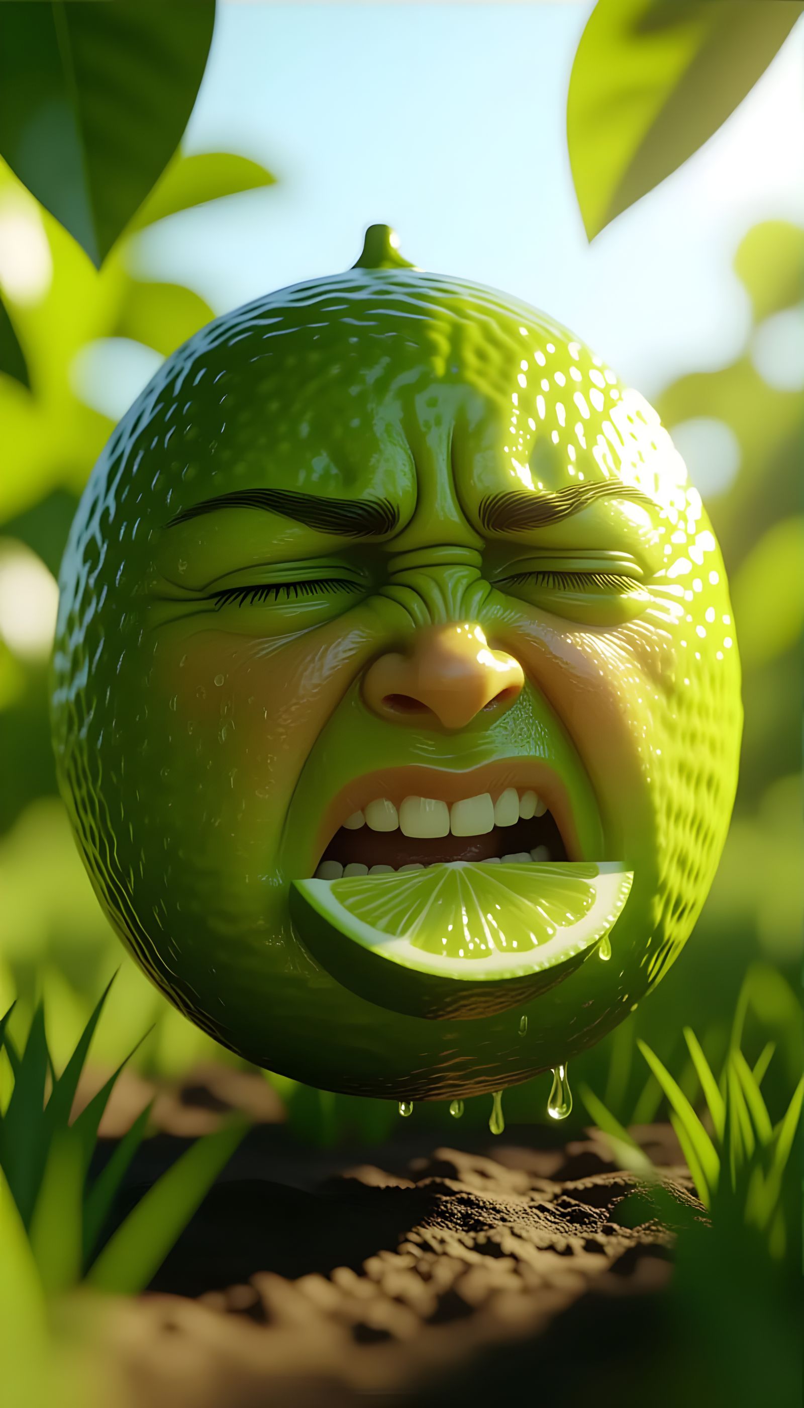 Ultra-realistic 8K render of a green lime with a human face showing a sour, cringing expression, biting ...  by @Rainbow Sprinklez