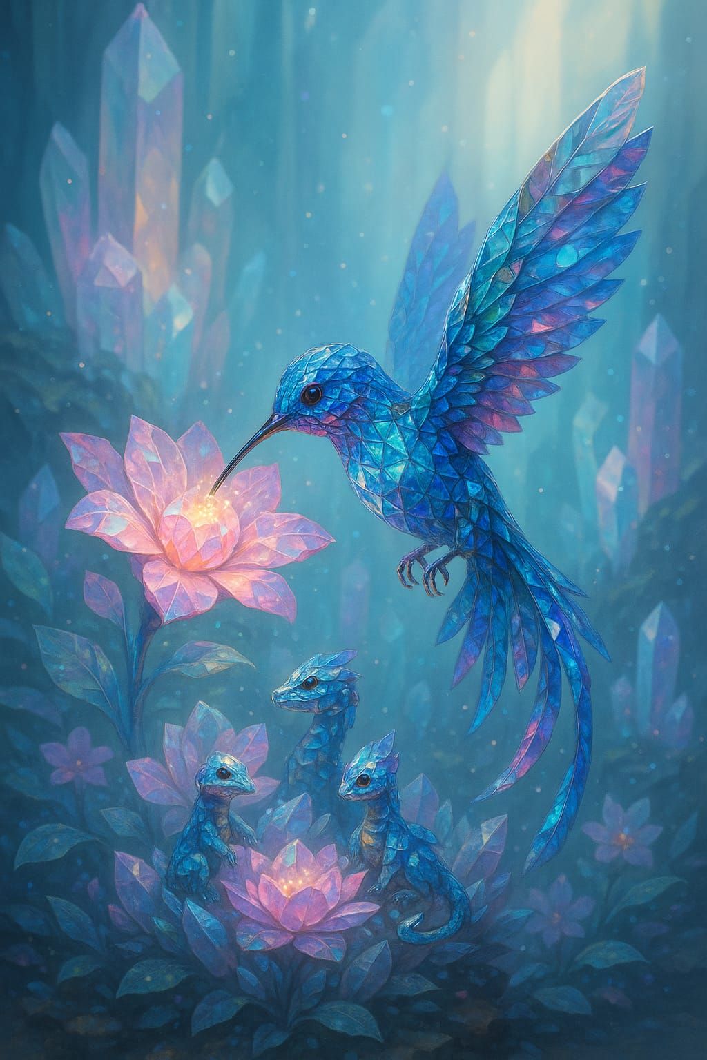 a humming bird made of sparkling gems drinking nectar from a...