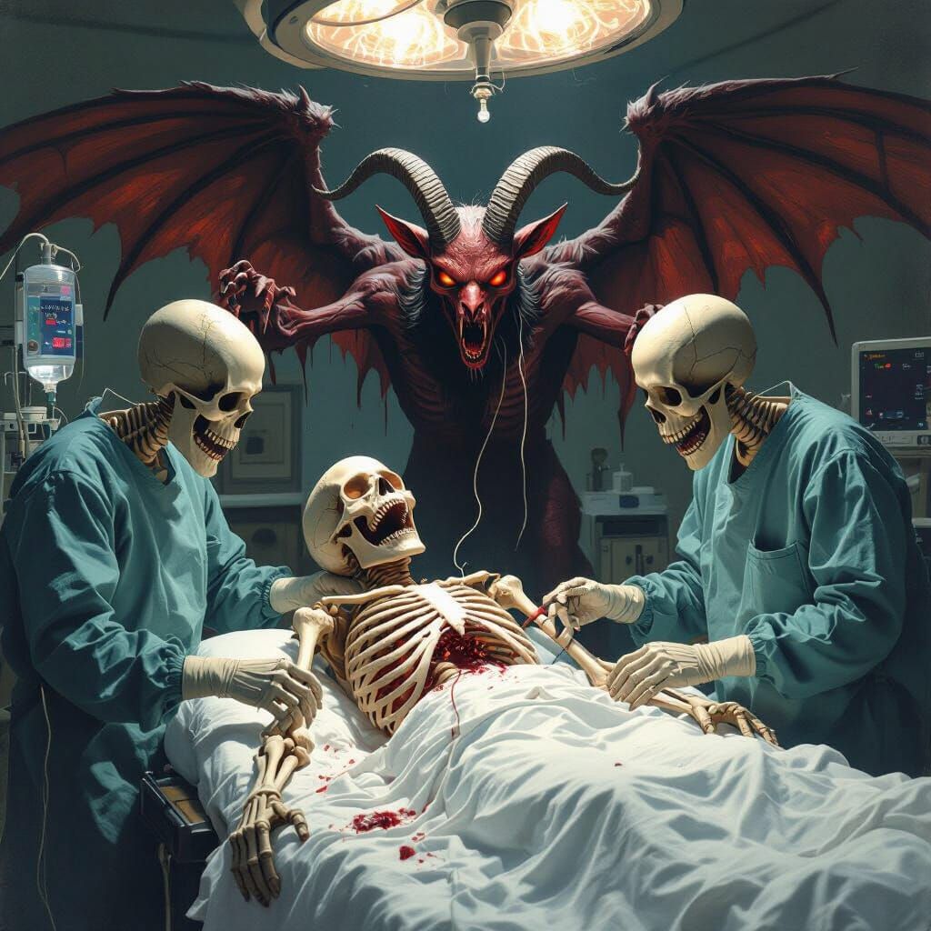 detailed like Dan Seagrave,  in an operating room a skelleton patient is screaming on a table as skelleton doctors attend to him, tubes are ... - Start Image 1
