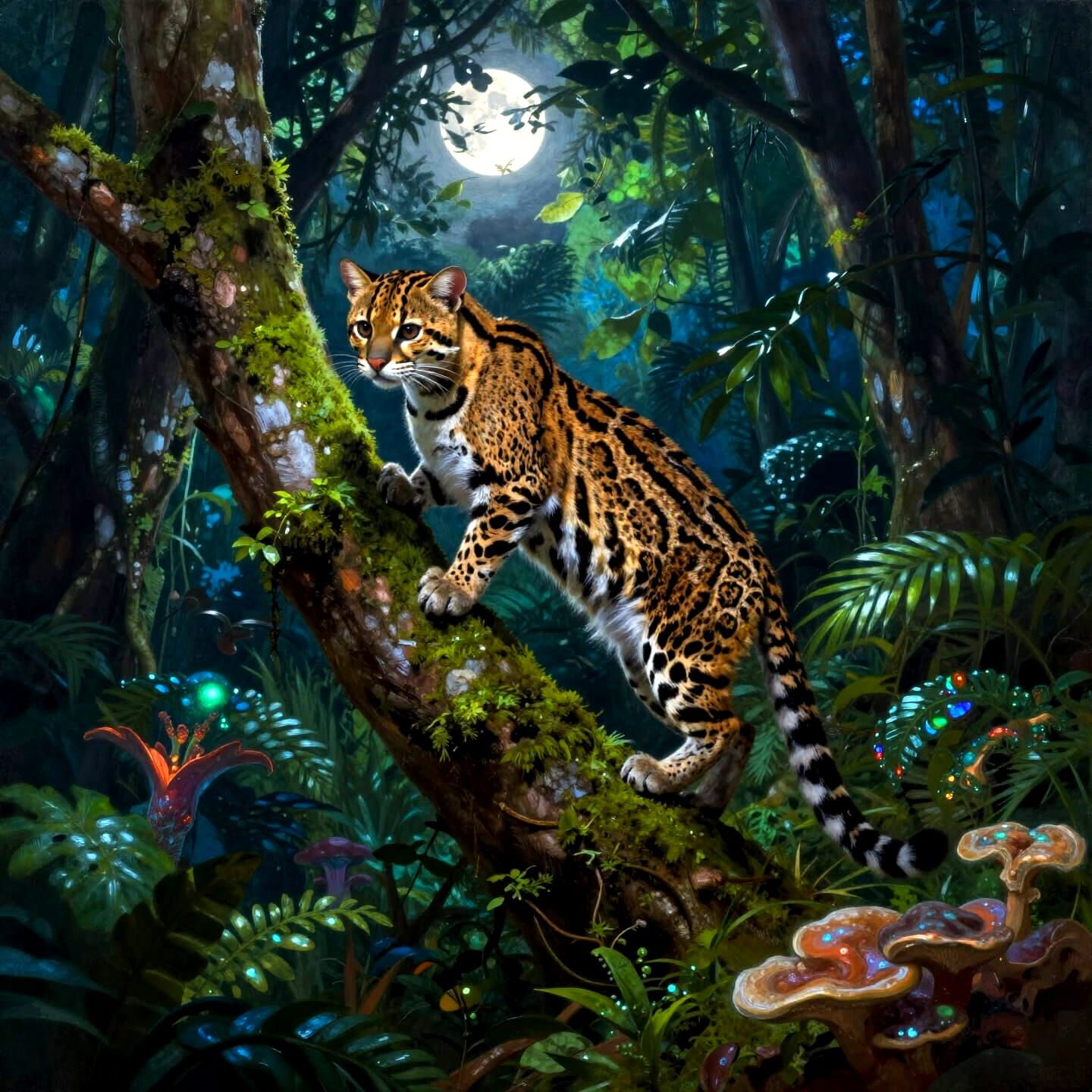 Ocelot climbing an angled tree trunk in the lush jungle at night.  by @Max Strandberg