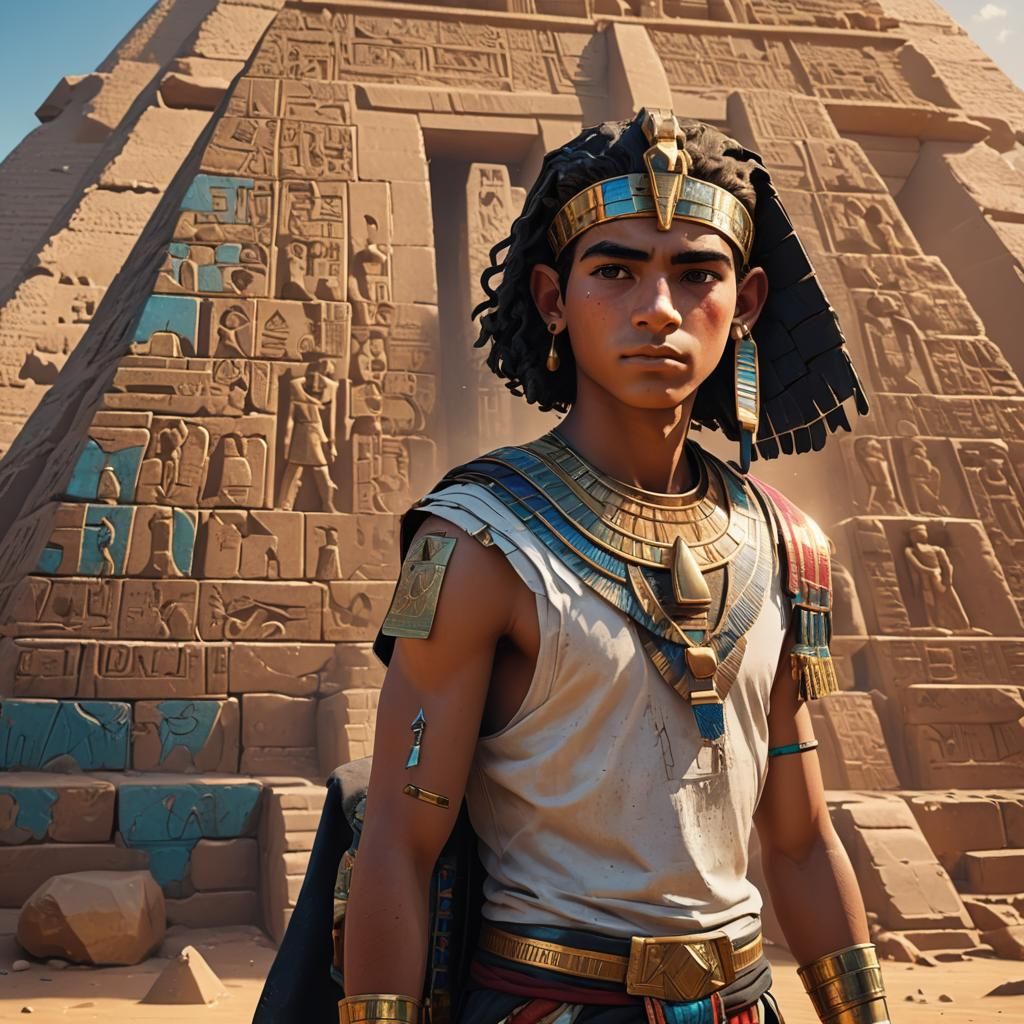 an Egyptian male 13 years old
character next to the pyramid ...