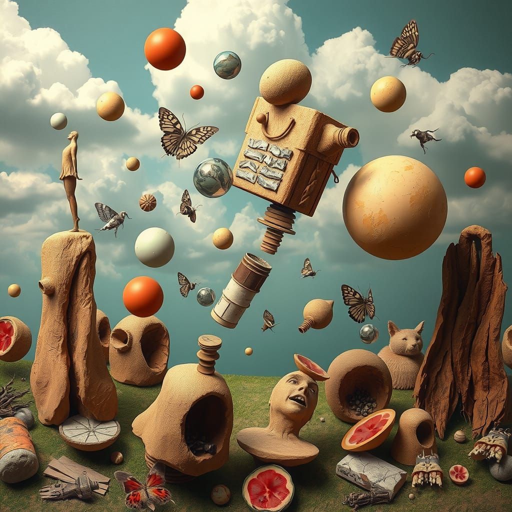 Surreal Dreamscape with Sculptural Textures and Mixed Media