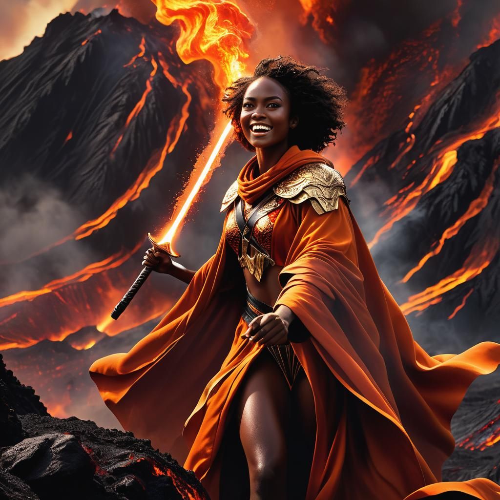 Beautiful black woman coming out of the erupting volcano, dr...