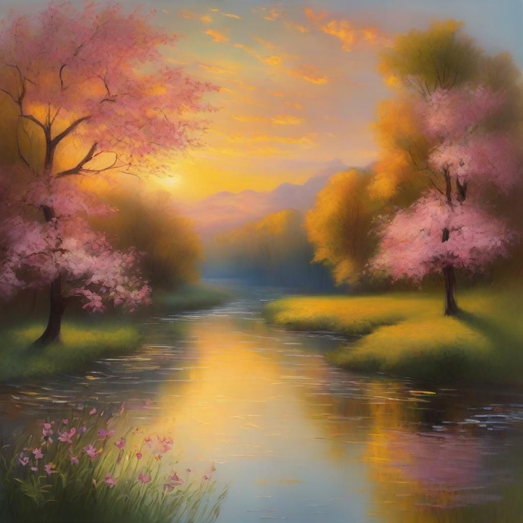 This image captures a peaceful spring riverscape at sundown, with intricate details of trees, flowers, and a serene landscape. The scene is...