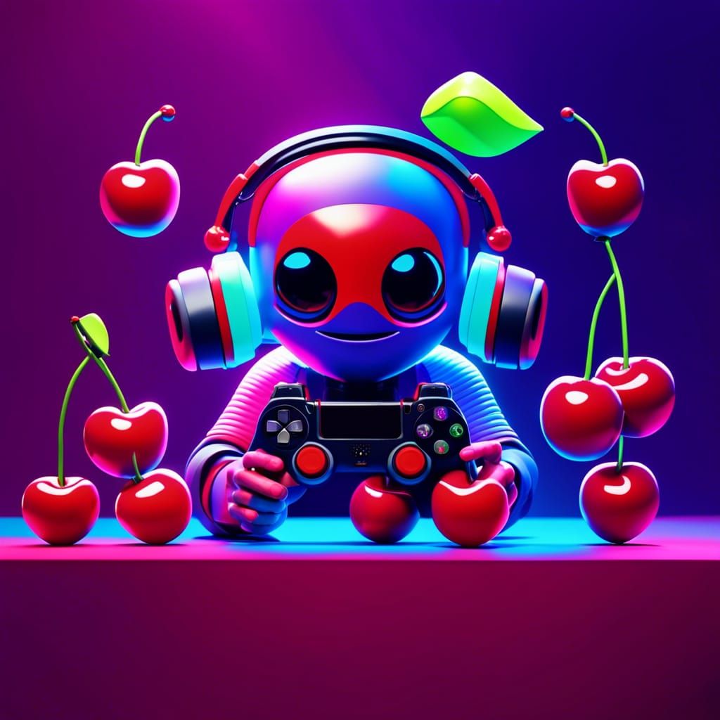 Humanoid Cherries playing PlayStation games, wearing gaming ...