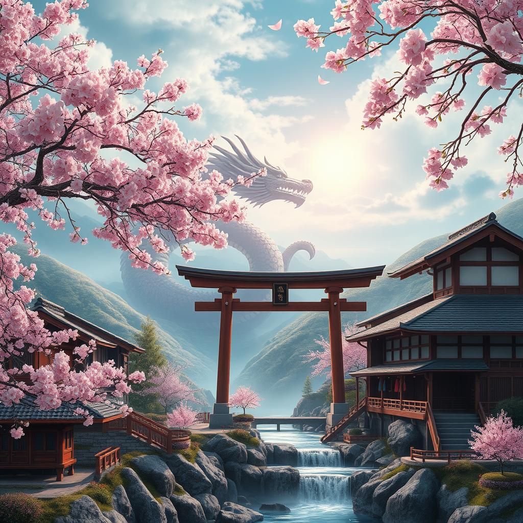 Japanese Village with Dragon and Cherry Blossoms