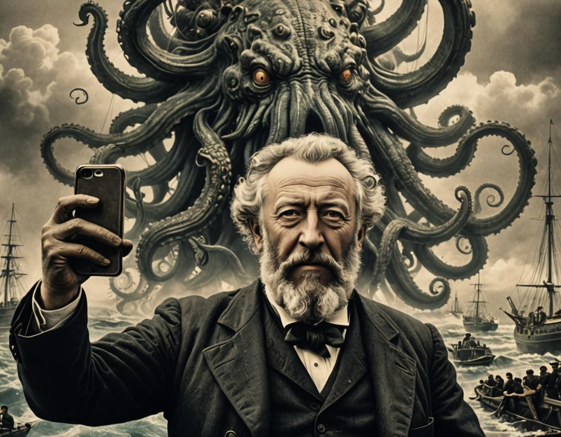 Jules Verne Selfie with a Kraken  by @digby 