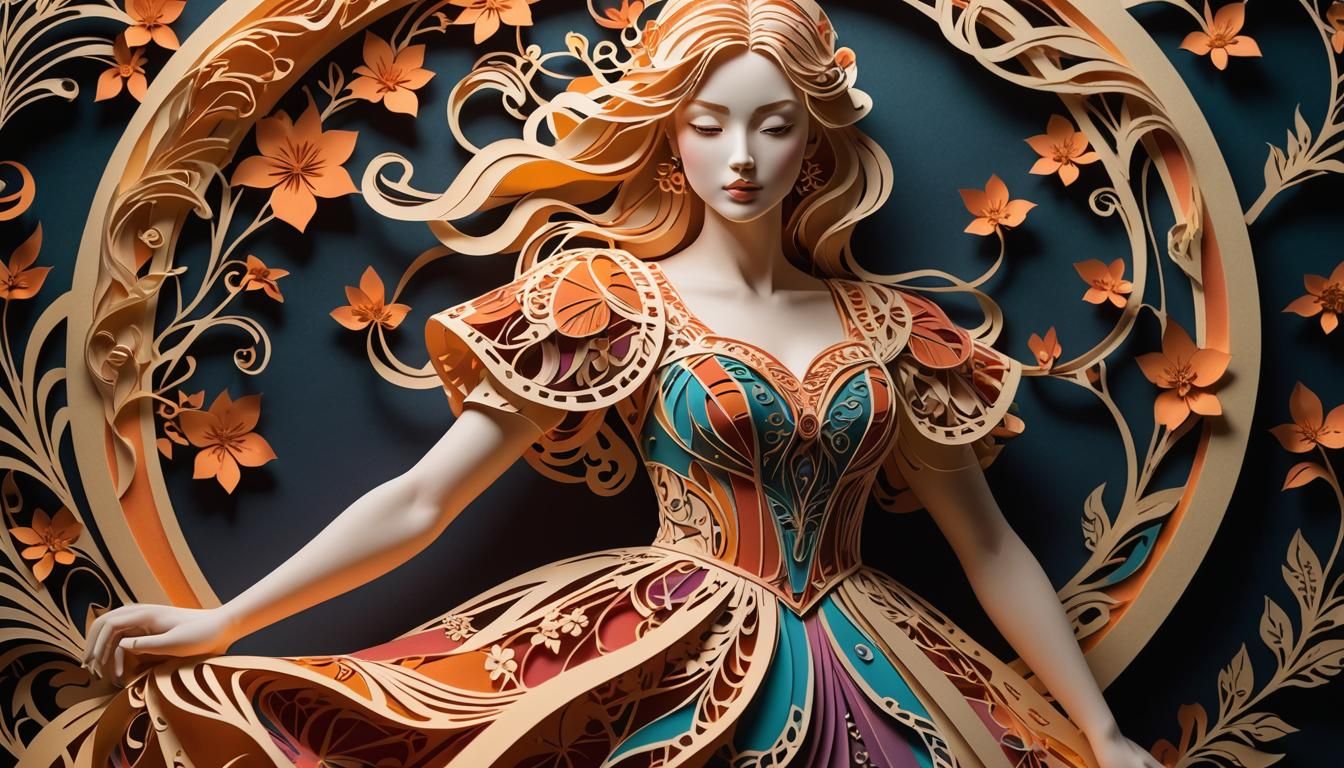 Kirigami portrait of a girl in a flowing dress, intricately ...