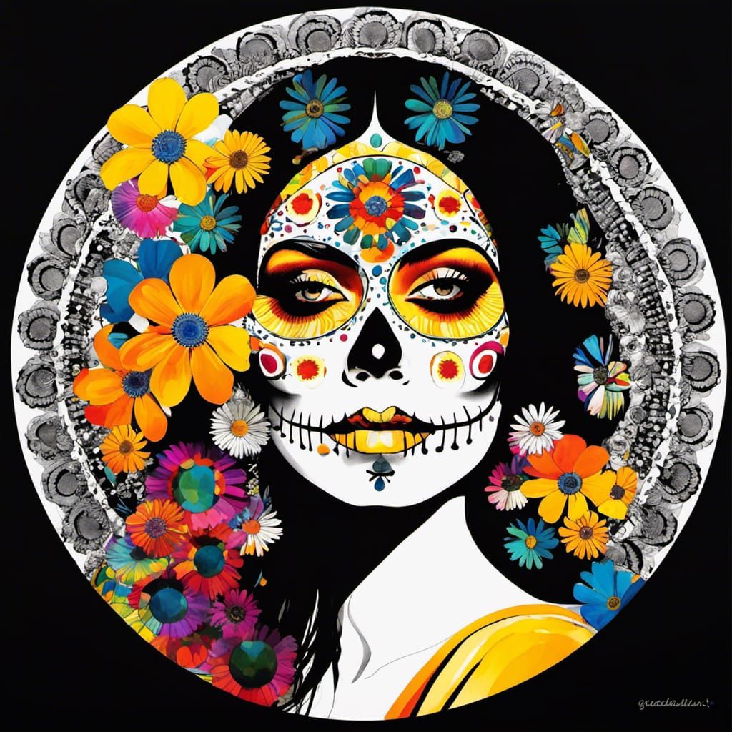 Mexican classic Dia de los Muertos make up Black and white drawing ...