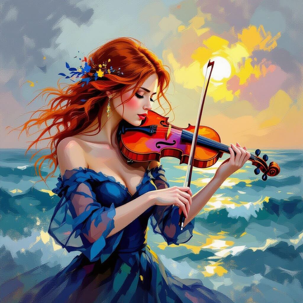 Expressionist Violinist Plays for the Stormy Sea
