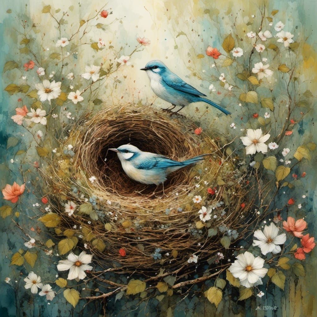 Beautiful bird sits on an artfully built nest in a flowering hedge, by ...