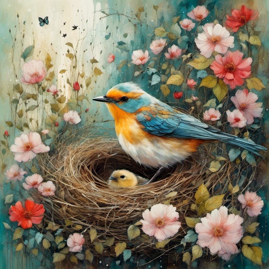 Beautiful bird sits on an artfully built nest in a flowering hedge, by ...