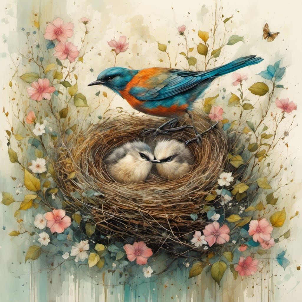 Beautiful bird sits on an artfully built nest in a flowering hedge, by ...