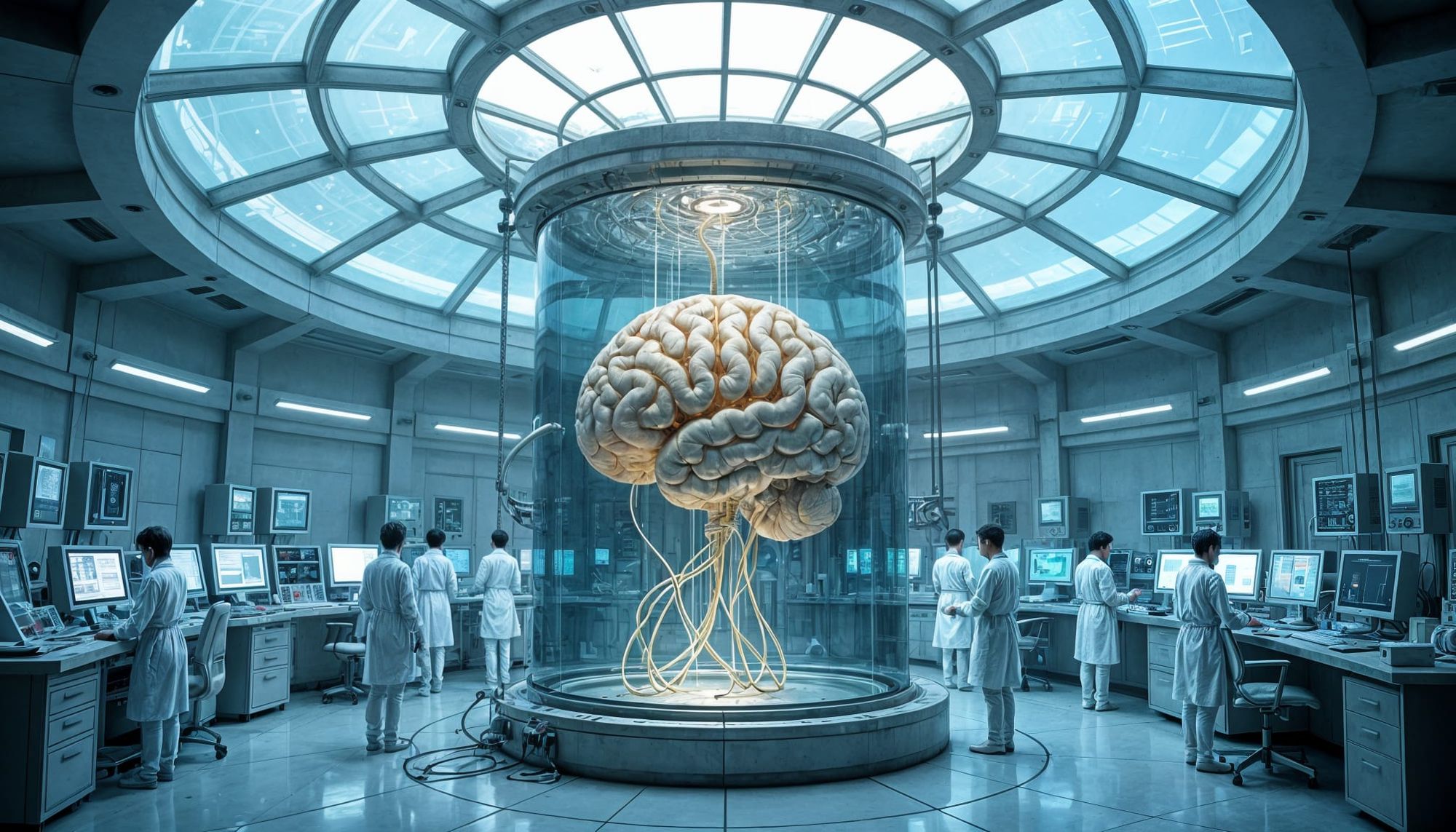 Imagine a circular room with huge skylight ceiling that lets in copious amounts of light.  In the center of the room is a large brain in cyl...