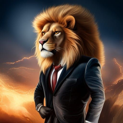 furry lion strong bodybuilder businessman in sharp suit mode...