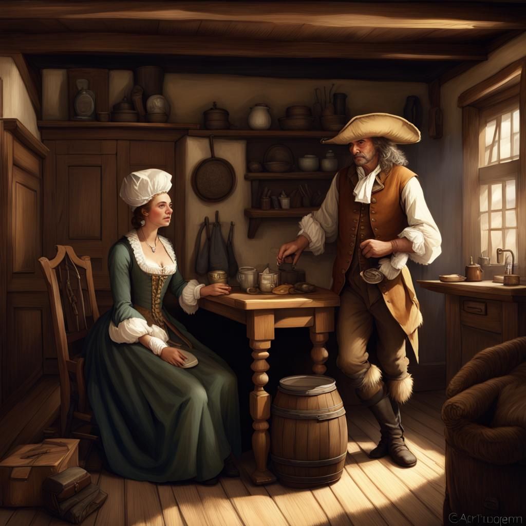 A colonial woman tavern - innkeeper showing one man renter a bedroom in ...