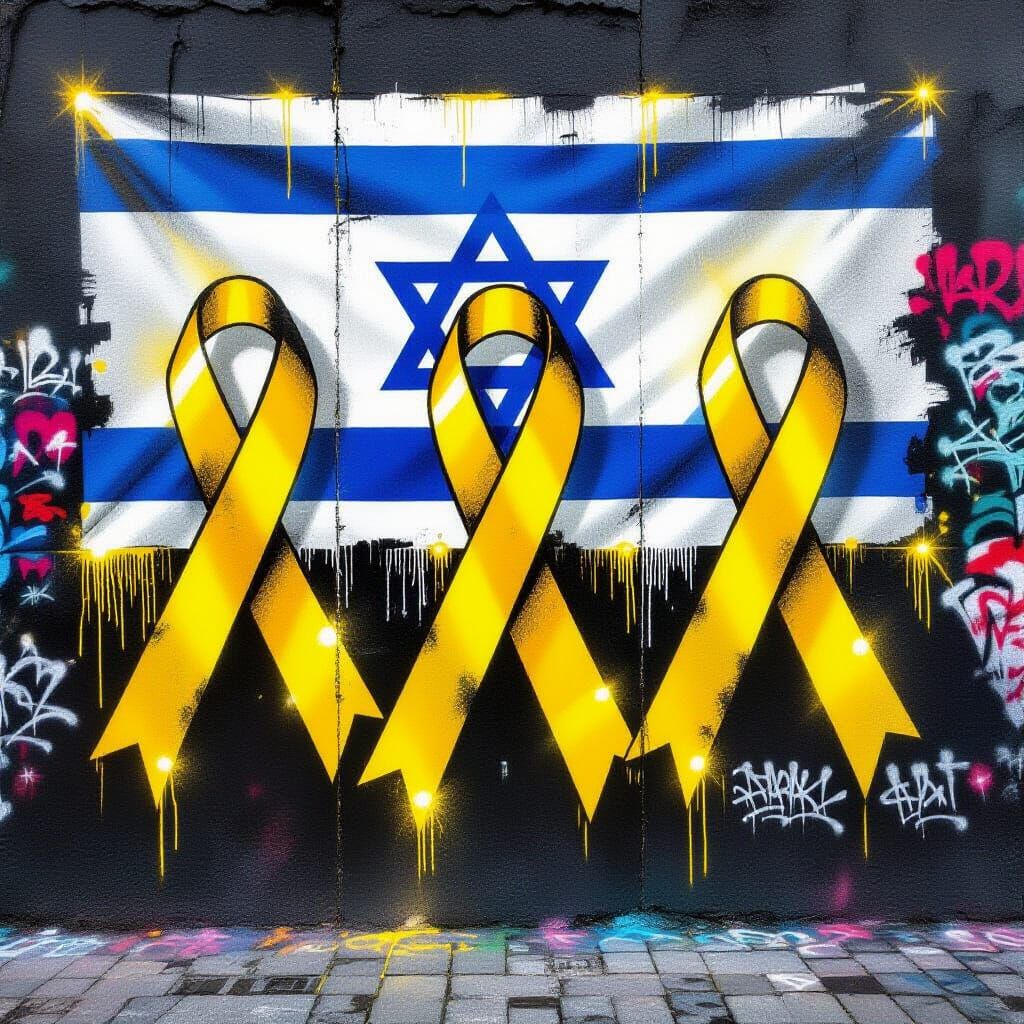 Graffiti Wall with Israeli Flag and Glowing Ribbons