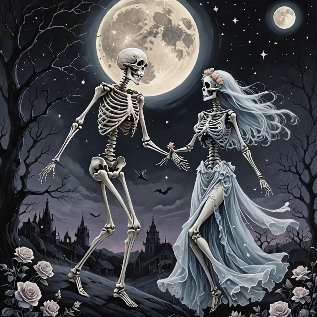Highly imaginative macabre illustration of a beautiful skele...