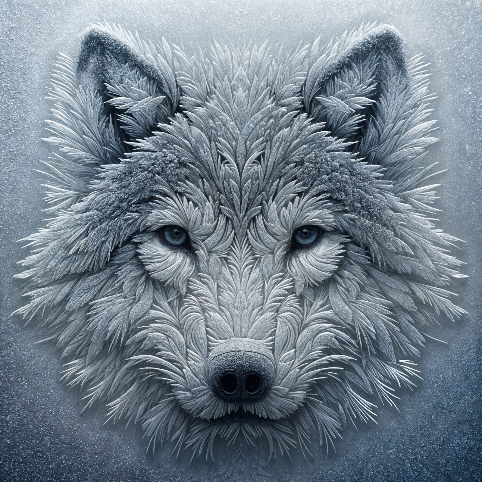 The face of a wolf created by frost on a window. Hyper detailed  by @Dantonio