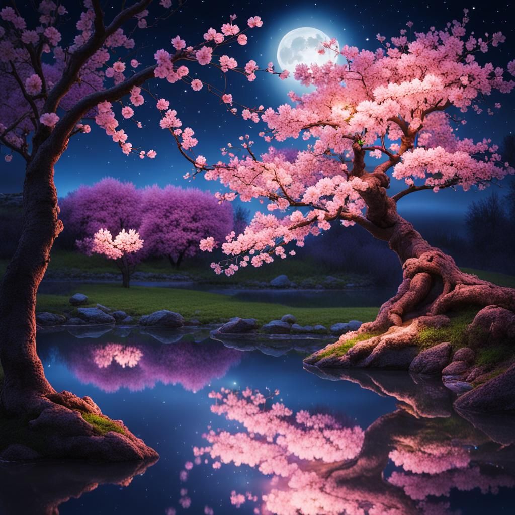 cherry blossom at midnight pond