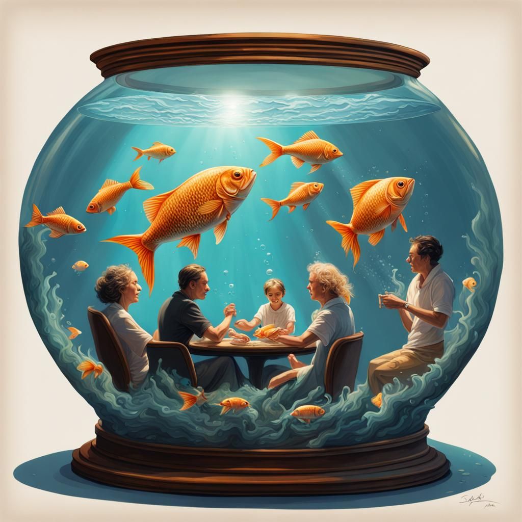 Human family inside a fishbowl, anthropomorphic fish feeding...