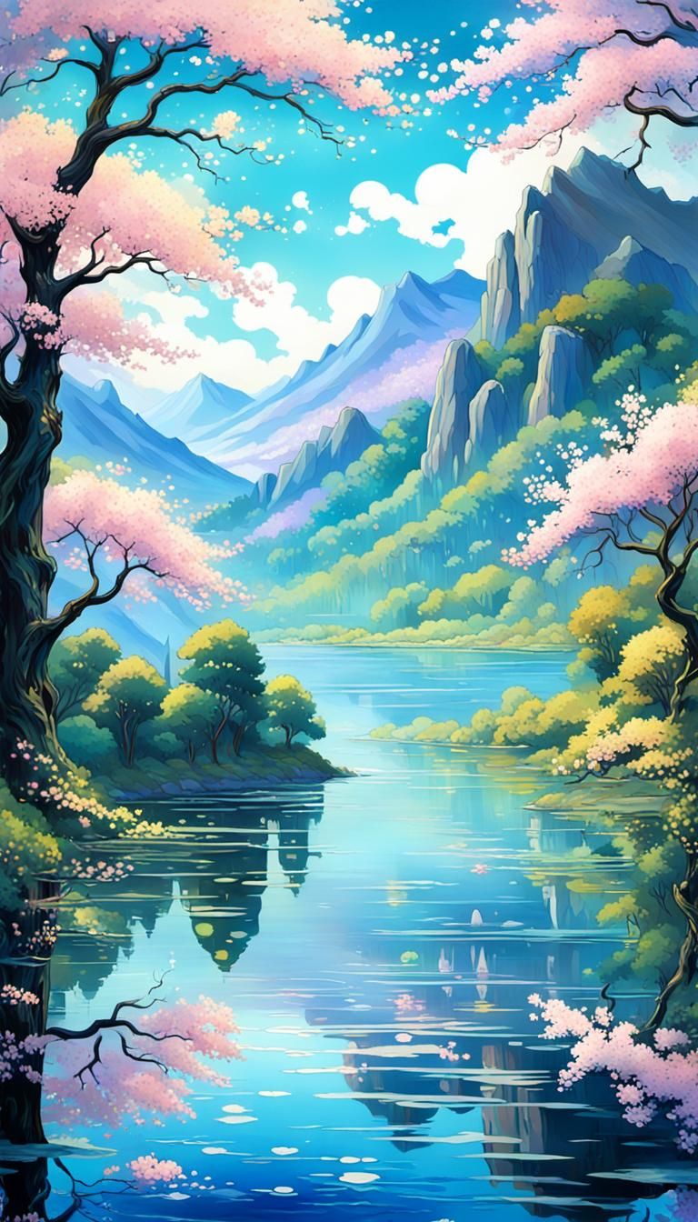 Claude monet style dark  impressionalistic anime 41m masterpiece of lake with a mountain range on the ...  by @Digital Art Vibes