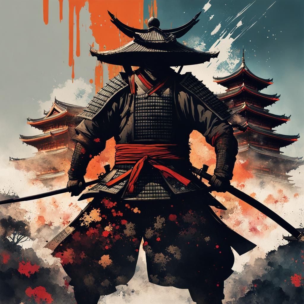 double exposure portrait Cool samurai fighting with ninja merged 