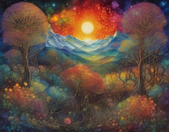 <lora:PR Stained Glass:1.0> City in flames, Hellscape Sunrise, High mixed media 3D en-caustic painting; double exposure over newsprint, scul...